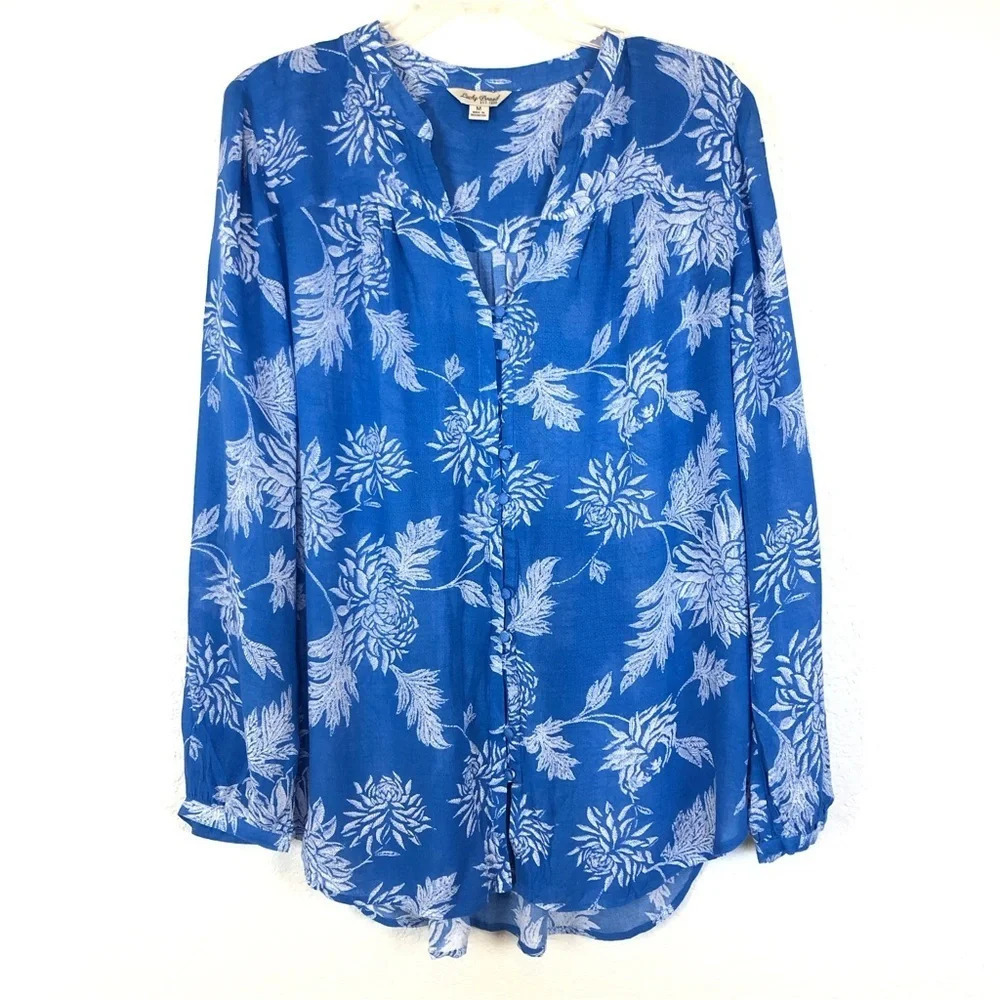 LUCKY Brand Blue Floral Long Sleeve Rayon Peasant Top Size Medium